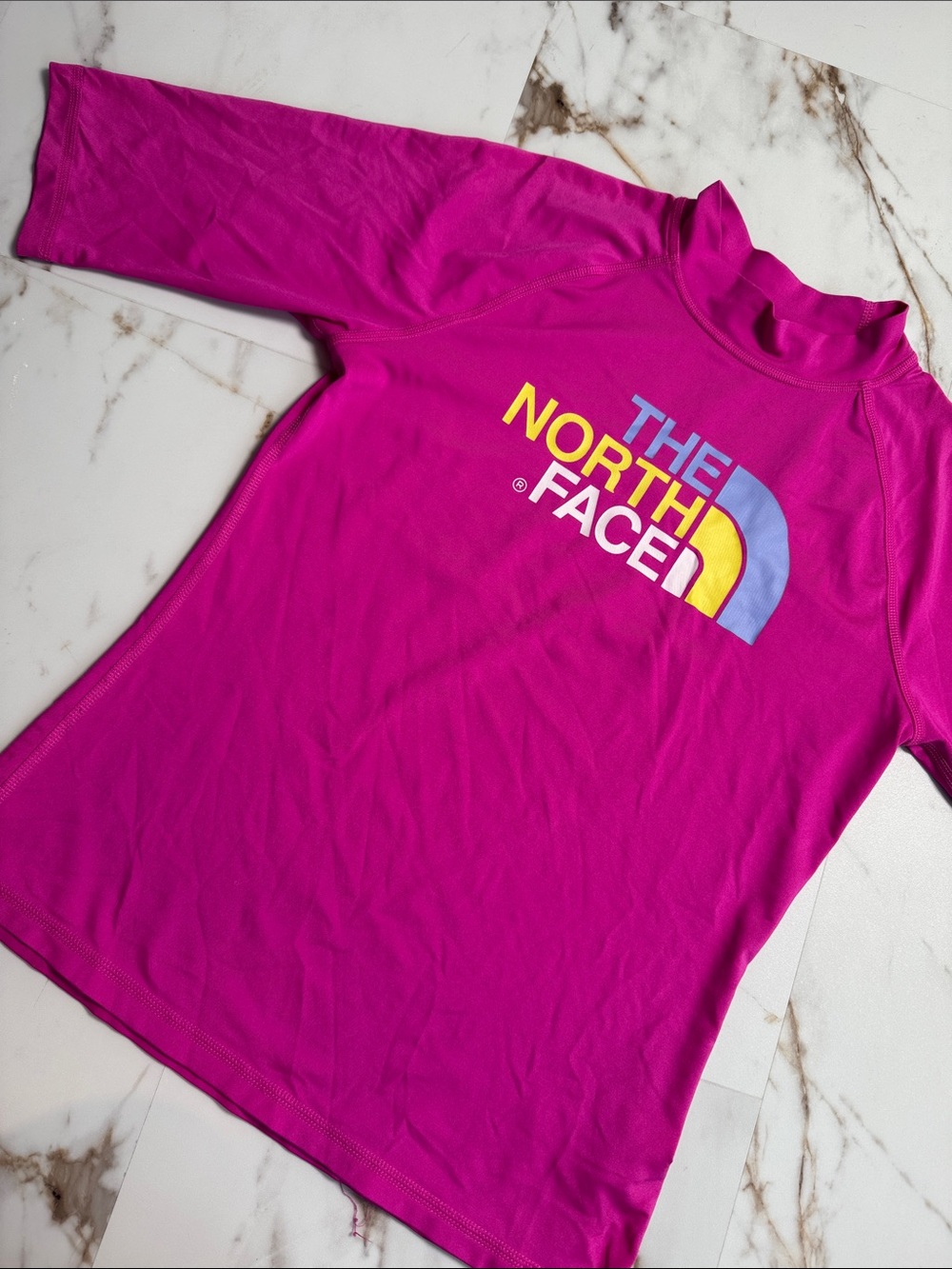 The North Face Logo Girls Rashguard Shirt Sz L Surf Beach Travel Hike Spellout
